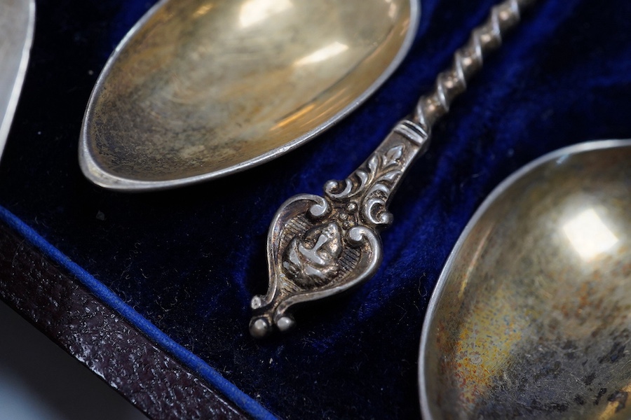 A pair of late Victorian silver dwarf candlesticks, Martin, Hall & Co, Sheffield, 1898, 11.4cm, weighted, a small pair of Irish silver salts, a silver butter shell and six other items including plated ware. Condition - p
